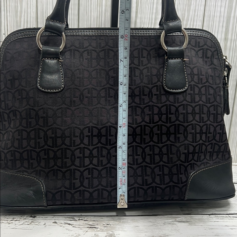 Gianni Bini Black Jacquard Logo Satchel Tote Handbag Leather Trim Structured Bag - Picture 4 of 10